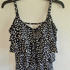 Miraclesuit Tankini Swim Top Polka Dot Black White Tiered Ruffle
